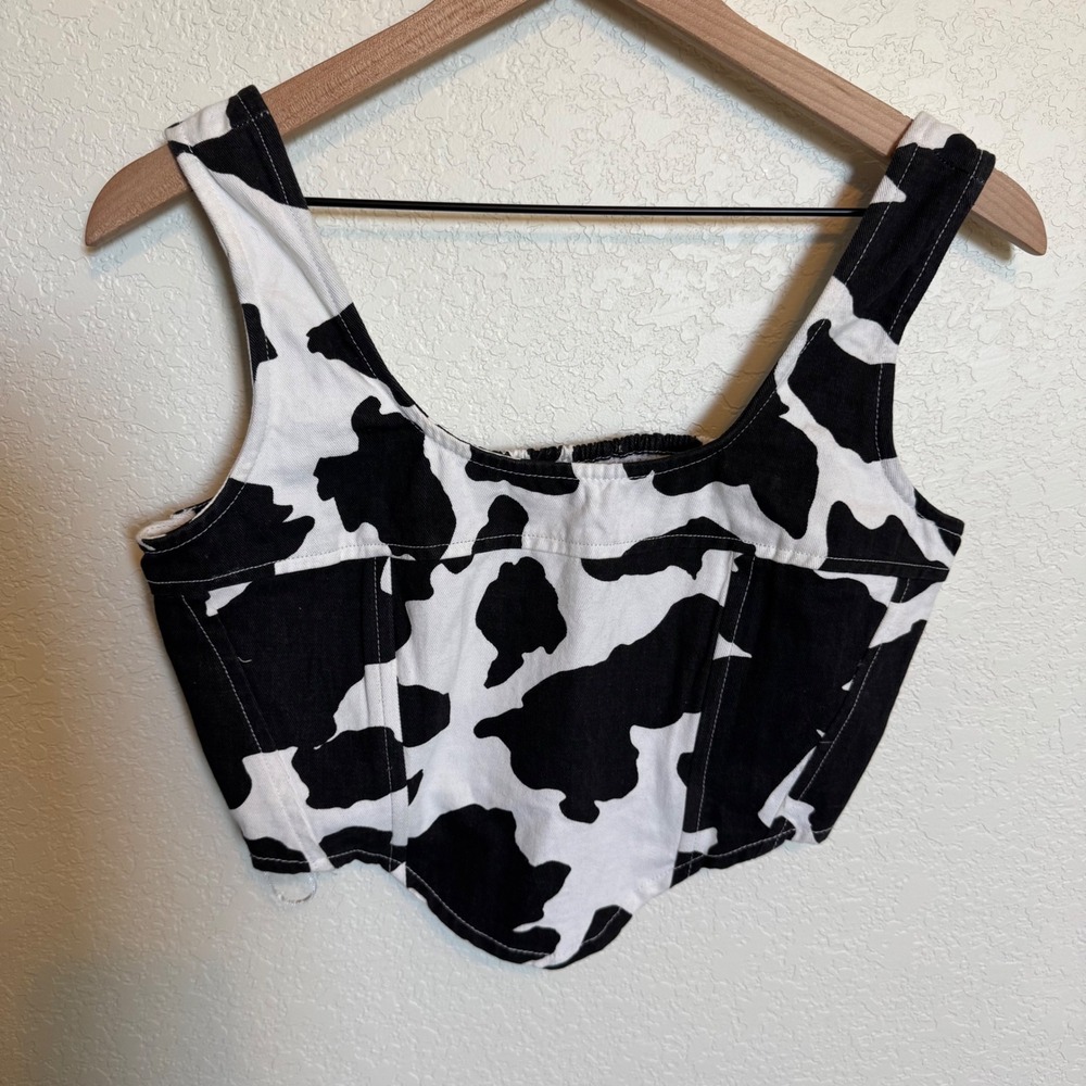 Western Cowgirl Lone Star Cow Denim Corset Top Medium Black White